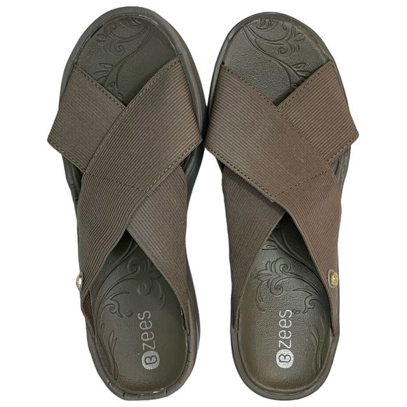 BZees Desire Slides Womens Size 7.5 Taupe Gray Slip On Wedge Criss Cross Sandals - Picture 1 of 8